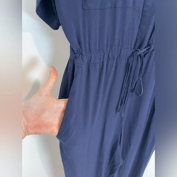 Thakoon Collective Navy blue Short Sleeve Jumpsuit SZ 2 viscose rayon drawstring - Picture 7 of 11